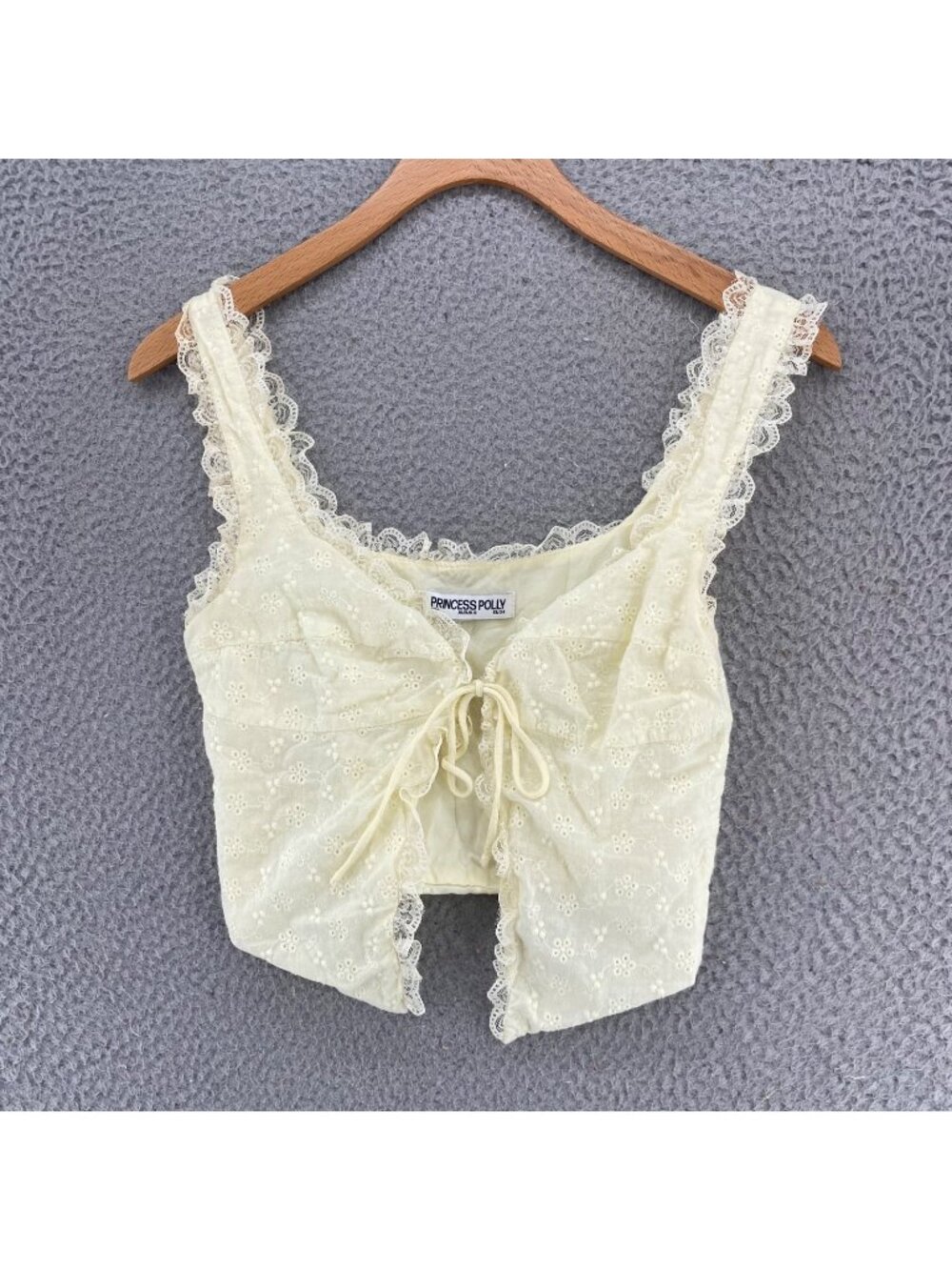 Princess Polly Top Womens 2 Ivory Floral Eyelet Lace Ruffles Crop Cami Tie Front